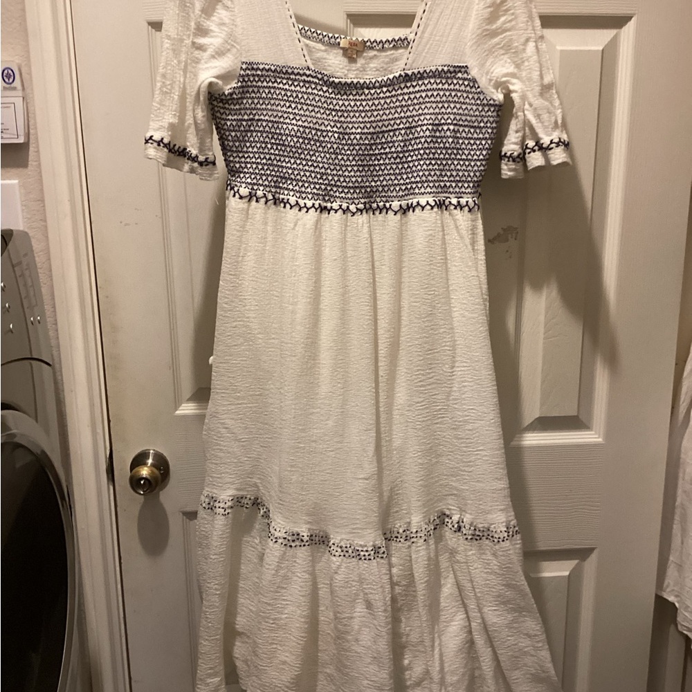 Reba White and Navy Midi Dress
